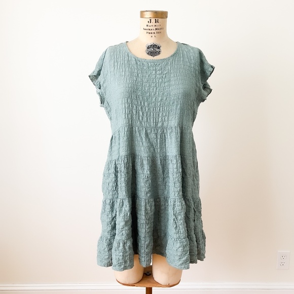 Sage Green Tiered Ruffled Babydoll Tunic Dress with Pockets Fairy - Large - Picture 1 of 10